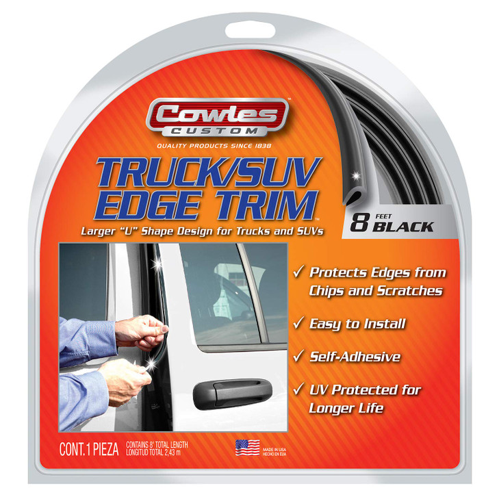 Cowles Custom - 8 ft of Black Truck/SUV Door Edge Guards, U-Shape PVC Edge Trim Stays on with Self Adhesive Hot Melt Glue Protects from Scratches/Din