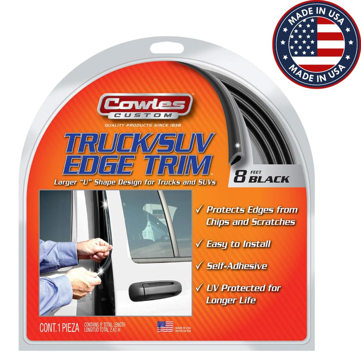Cowles Custom - 8 ft of Black Truck/SUV Door Edge Guards, U-Shape PVC Edge Trim Stays on with Self Adhesive Hot Melt Glue Protects from Scratches/Din