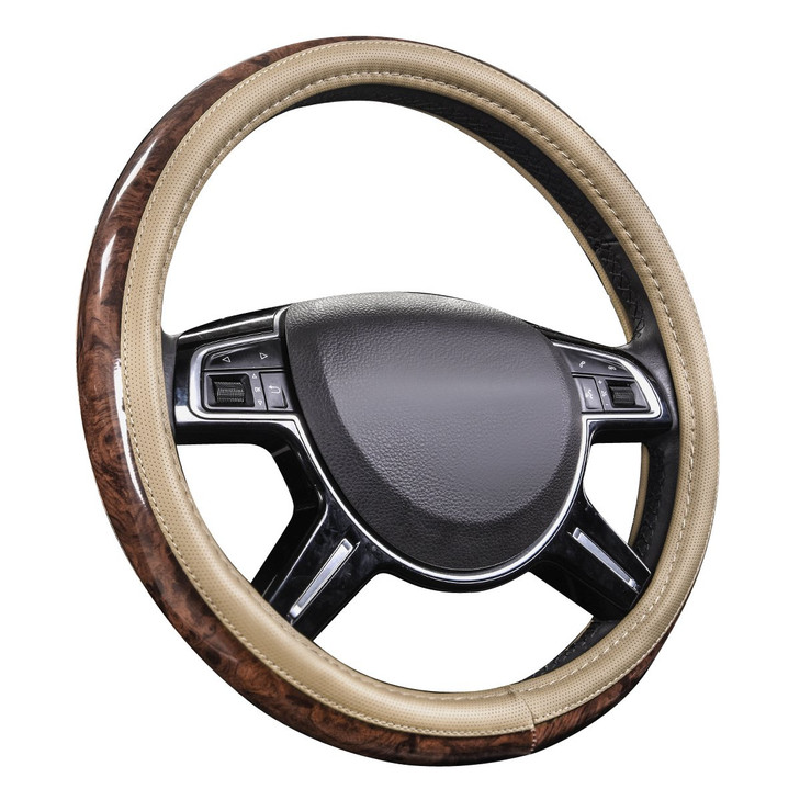 CAR PASS Wood Grain 14.5-15 inch Microfiber Leather Steering Wheel Cover, Anti-Slip Veins Design Steering Wheel Universal Fit for Most Cars, Sedans,