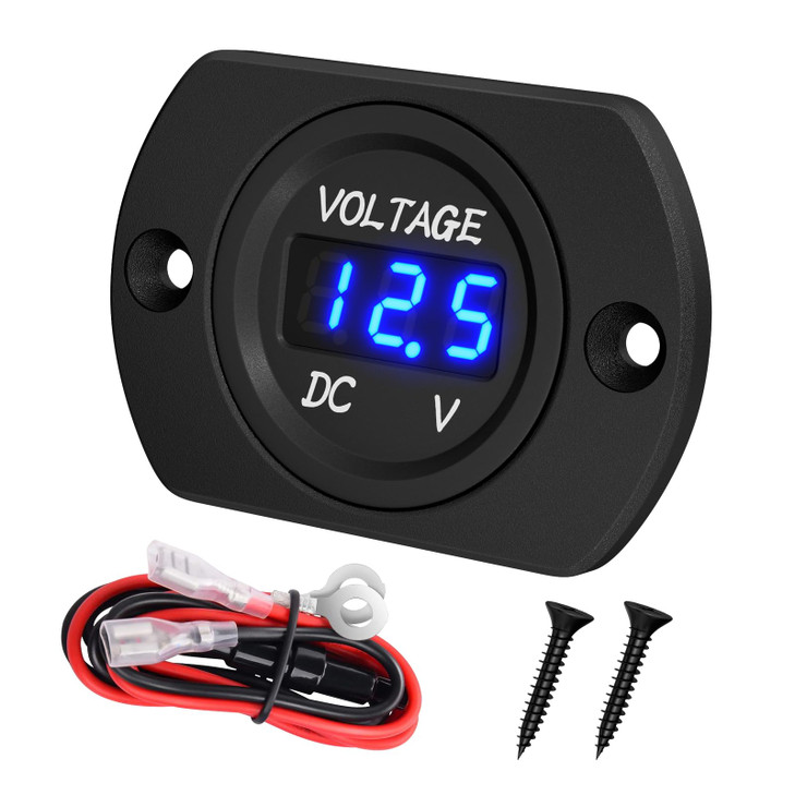 DaierTek Battery Voltage Meter Waterproof DC 12V 24V LED Voltmeter Panel 12 Volt 24 Volt 36 Volt Battery Monitor with Blue Light Round Digital Voltag