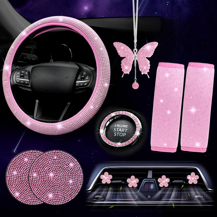 ARTILAURA 11 PCS Bling Car Accessories Set for Women Steering Wheel Covers Butterfly Hanging Seat Belt Cover Air Vent Clips Coasters Cute Glitter Dia