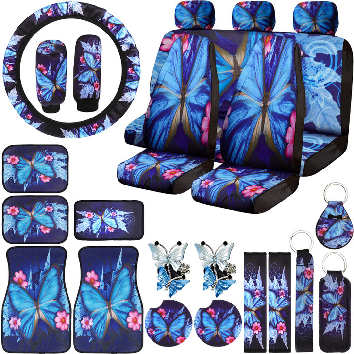 Frienda 24 Pcs Butterfly Car Accessories Butterfly Car Seat Covers Full Set Car Floor Mats Steering Wheel Cover Seat Belt Pads Center Console Pad Cup