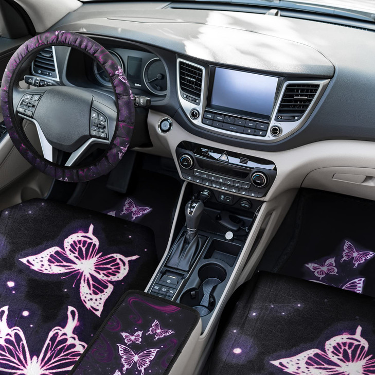 Frienda 24 PCS Butterfly Car Accessories Car Seat Covers Full Set Floor Mats Steering Wheel Cover Seat Belt Pads Center Console Pad Cup Holders for W