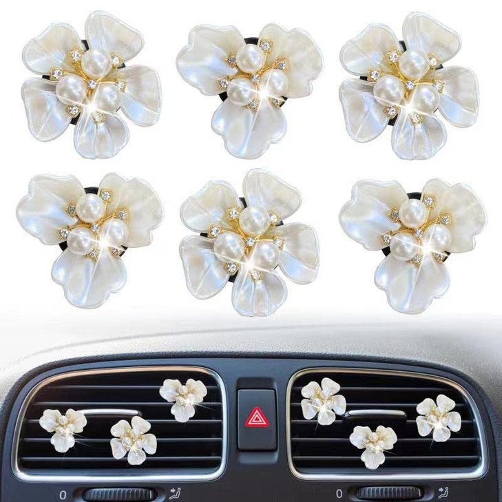 Bling Daisy 6 Pcs Pearl Flower Air Vent Clips - Cute Car Diffuser Vent Clip Rhinestone Decoration - White