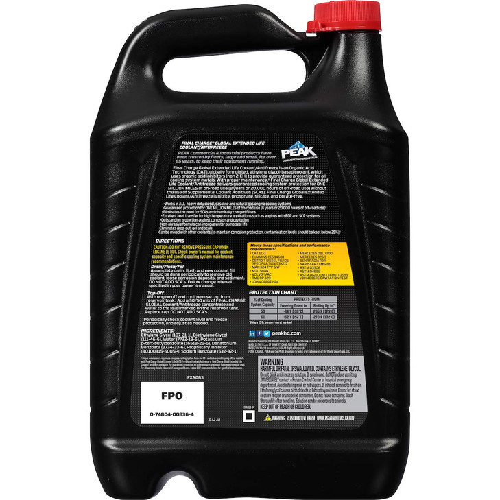 PEAK FINAL CHARGE Global Extended Life Concentrate Antifreeze/Coolant for All Heavy Duty Engine Cooling Systems, 1 Gal.