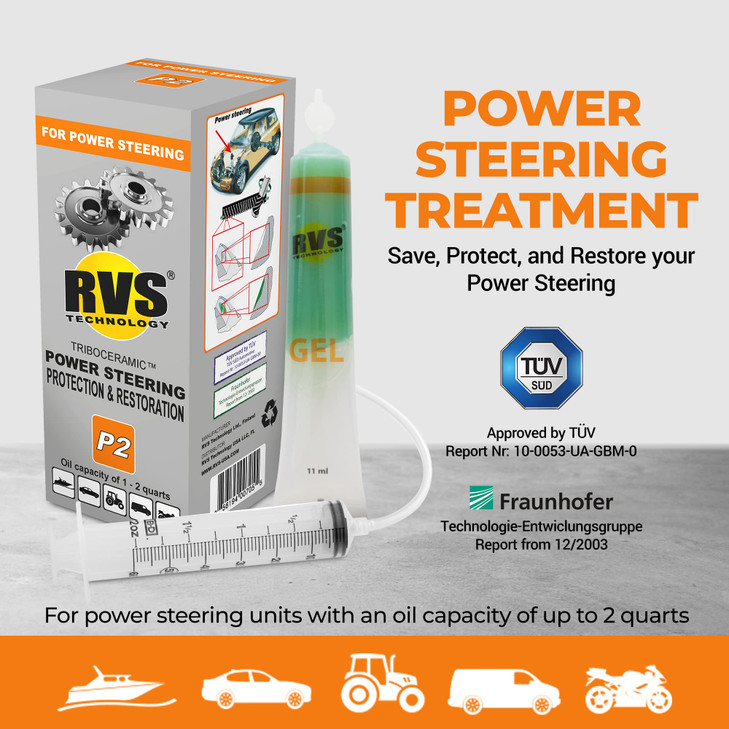 RVS Technology P2 Power Steering Fluid Treatment - Restores Metal Surfaces, Safe for All Power Steering Pumps, Up to 2 Quarts