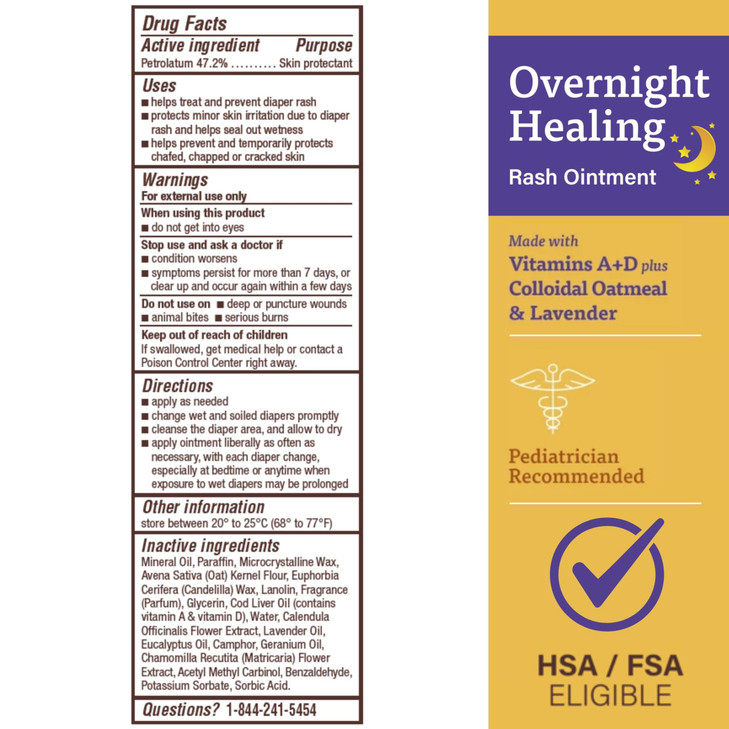 A+D Overnight Healing Diaper Rash Ointment - Soothes, Protects & Relieves Diaper Rash Overnight with Lavender & Colloidal Oatmeal - Healing Ointment
