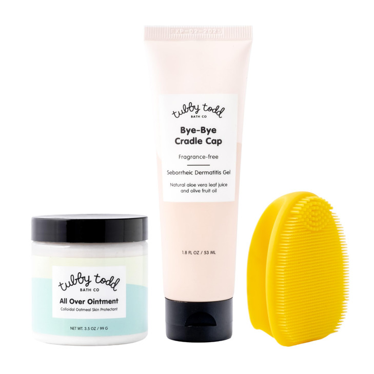 TUBBY TODD Cradle Cap Baby Hair Treatment Kit - Includes Bye-Bye Cradle Cap Gel, Cradle Cap Silicone Brush, & 3.5oz All Over Ointment - Gentle for Ba