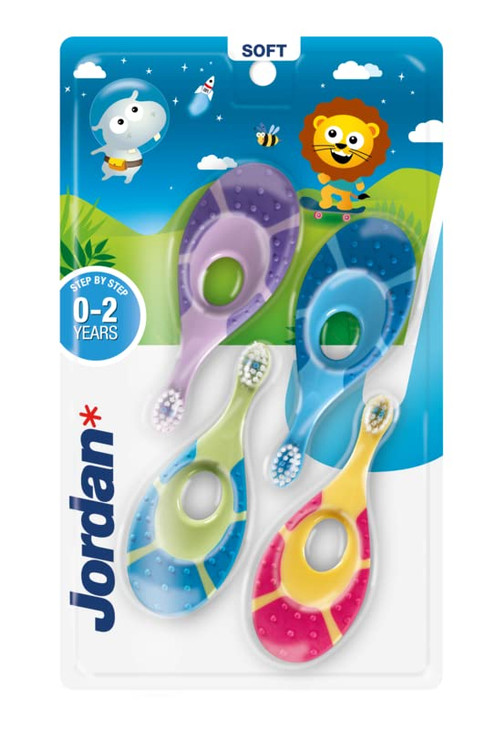 Jordan* | Step 1 Baby Toothbrush | 0-2 Years, Soft Bristles, BPA Free | Green & Blue | 4 Pack