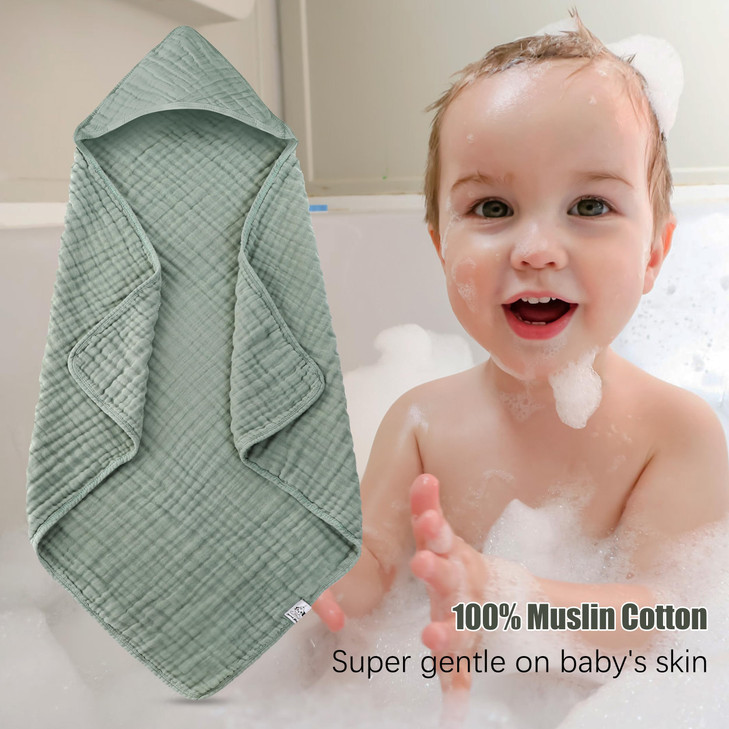 Spotted Play 2 Pack Hooded Baby Towels - 100% Muslin Cotton for Newborns, Infants, Toddlers - Large 32x32Inch Size - Highly Absorbent and Essential f