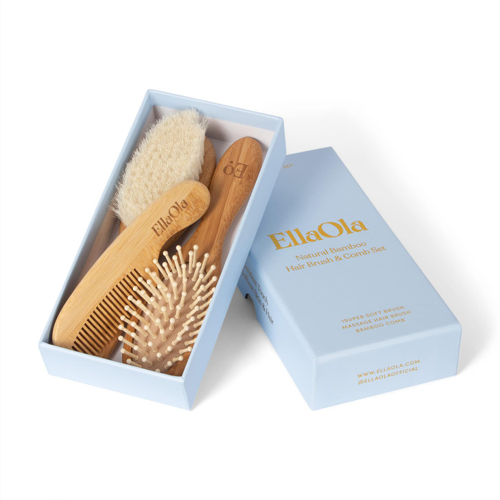ELLAOLA Natural Bamboo Hair Brush & Comb Set, 3 Piece - Cradle Cap Brush, Massage Hair Brush, Bamboo Comb for Toddlers, Newborns & Infants I Baby Reg
