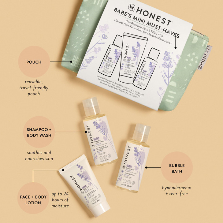 The Honest Company Babe's Mini Must Haves Gift Set Travel Size Hypoallergenic Lavender Bathtime Essentials Shampoo Body Wash (2 fl oz) Face Lotion (1