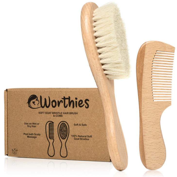 Worthies Baby Hair Brush & Comb Set, Wood Hair Brush with Soft Goat Bristles and Comb, Newborn Infant & Toddler for Cradle Cap