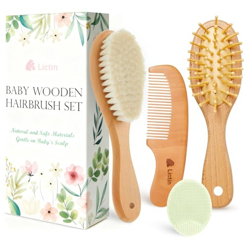 Lictin Baby Hair Brush and Comb Set, 4 Pcs Newborn Hair Brush with Soft Bristle, Natural Goat Hair and Wood Baby Cradle Cap Comb for Newborns & Toddl