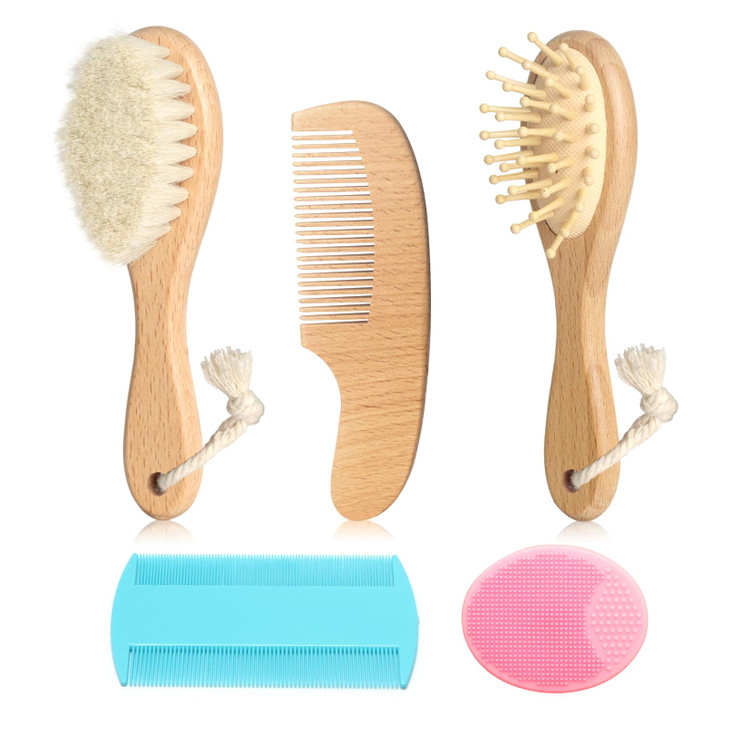 Goat Baby Hair Brush Set, Wooden Comb Massage Scalp Comb, Safe Natural Hair Care Kit, Soft Silicone Bath Brush for Newborns Toddlers (Brush Set+ Pink