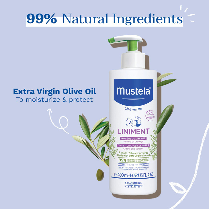 Mustela Liniment - No-Rinse Baby Cleanser for Diaper Change - with Extra Virgin Olive Oil - Fragrance-Free - 13.52 fl. Oz