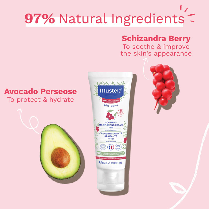 Mustela Baby Soothing Moisturizing Cream - Face Moisturizer for Very Sensitive Skin - with Natural Avocado & Schizandra Berry - Fragrance-Free - 1.35