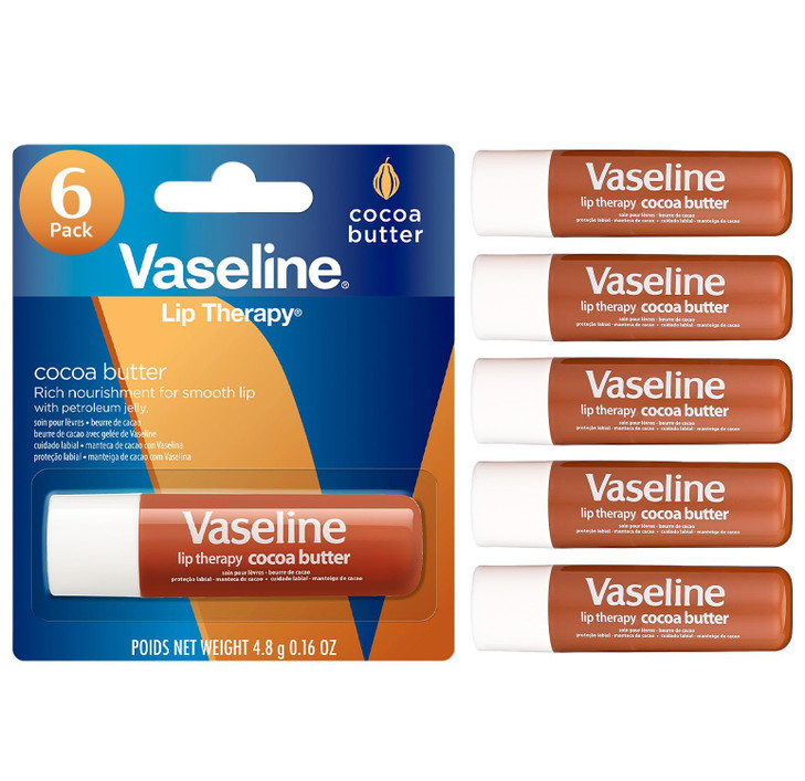 Vaseline Lip Therapy Cocoa Butter Lip Balm, 6 Pack, 0.16 Oz Ea