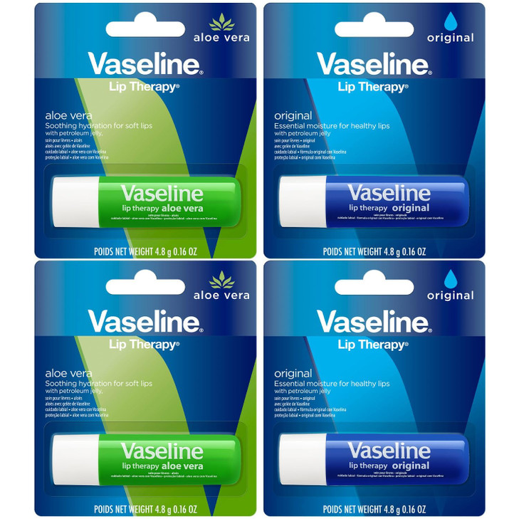 Vaseline Lip Therapy Variety 4-Pack  Original + Aloe Vera Moisturizing Lip Balm with Vitamin E, 0.16 Oz Ea