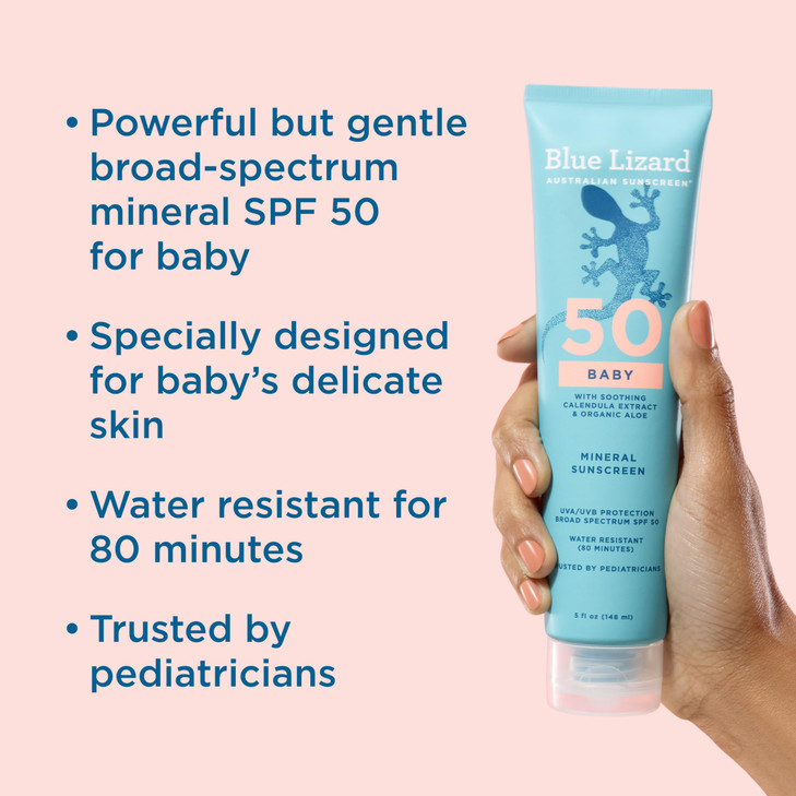 Blue Lizard BABY Mineral Sunscreen with Zinc Oxide, SPF 50+, Water Resistant, UVA/UVB Protection with Smart Cap Technology - Fragrance Free, 5 oz. Tu
