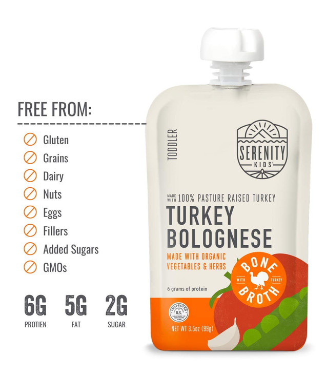 Serenity Kids Toddler Food Pouch Puree - Turkey Bolognese - Protein-Rich Bone Broth Blend - Organic Veggie Pouch for Toddler Snacks - BPA-Free Turkey