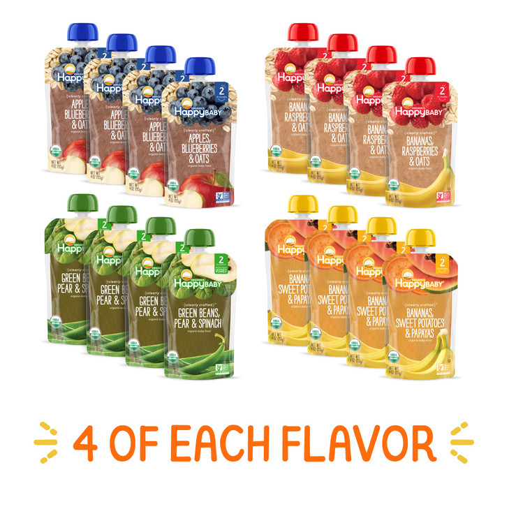 Happy Baby Organics Stage 2 Baby Food Pouches, Gluten Free, Vegan & Healthy Snack, Clearly Crafted Fruit & Veggie Puree, Fruit & Veggie Variety Pack,