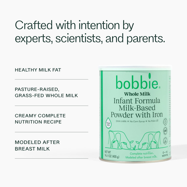 Bobbie Whole Milk, Grass Fed Baby Formula with Iron, Plant Based DHA and ARA, Vitamin D and Protein Blend Modeled After Breast Milk, For Newborn Baby