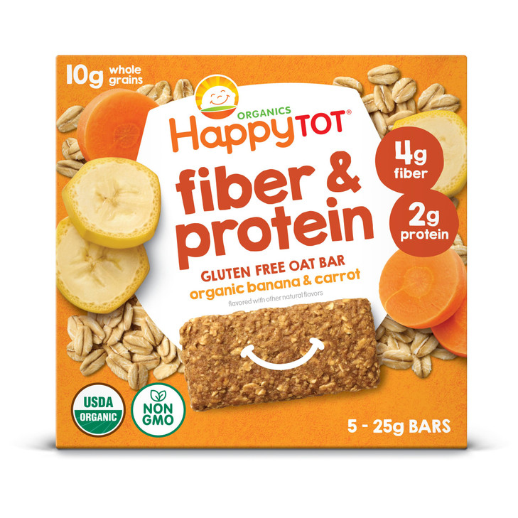 HAPPYTOT Organics Fiber & Protein Soft-Baked Oat Bars Organic Toddler Snack Banana & Carrot, 0.88 Ounce Bars, 5 Count Box (Pack of 6)