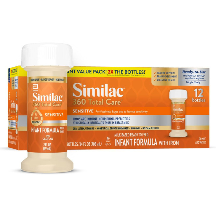 Similac 360 Total Care Sensitive Infant Formula for Fussiness & Gas Due to Lactose Sensitivity, Has 5 HMO Prebiotics, Baby Formula, Ready to Feed, 2-