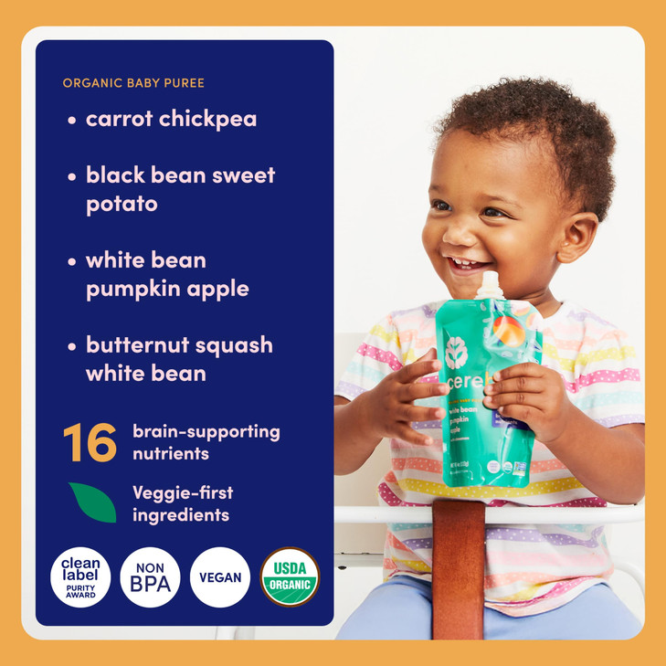 Cerebelly Organic Baby Food Pouches Variety Pack, Veggie & Bean Purees, 16 Nutrients, No Added Sugar, Fiber & Non-GMO, 4oz, 8 Pack