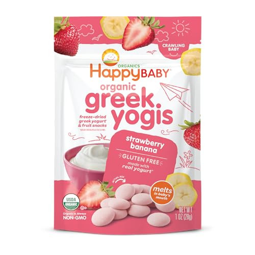 Happy Baby Organics Baby Snacks, Greek Yogis, Freeze Dried Yogurt & Fruit Snacks, Gluten Free Snack for Babies 9+ Months, Strawberry & Banana, 1 Ounc