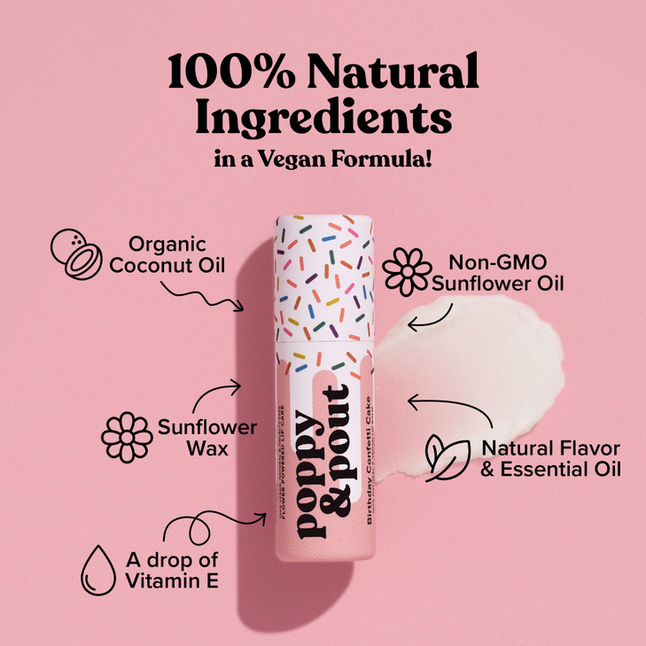 Poppy & Pout Birthday Cake Jumbo Lip Balm | All Natural Lip Balms & Moisturizers | Hydrates with Beeswax, Vitamin E, Organic Coconut Oil | Cruelty-Fr