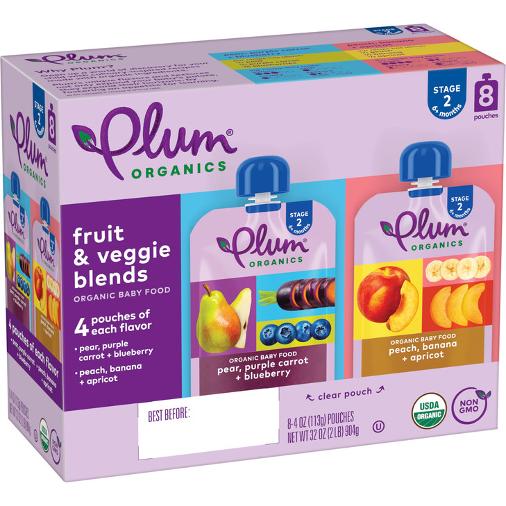 Plum Organics Variety Pack, 6+ Months - Organic Fruit and Veggie Baby Food Pouches - Pear, Purple Carrot + Blueberry & Peach, Banana + Apricot - 4 oz