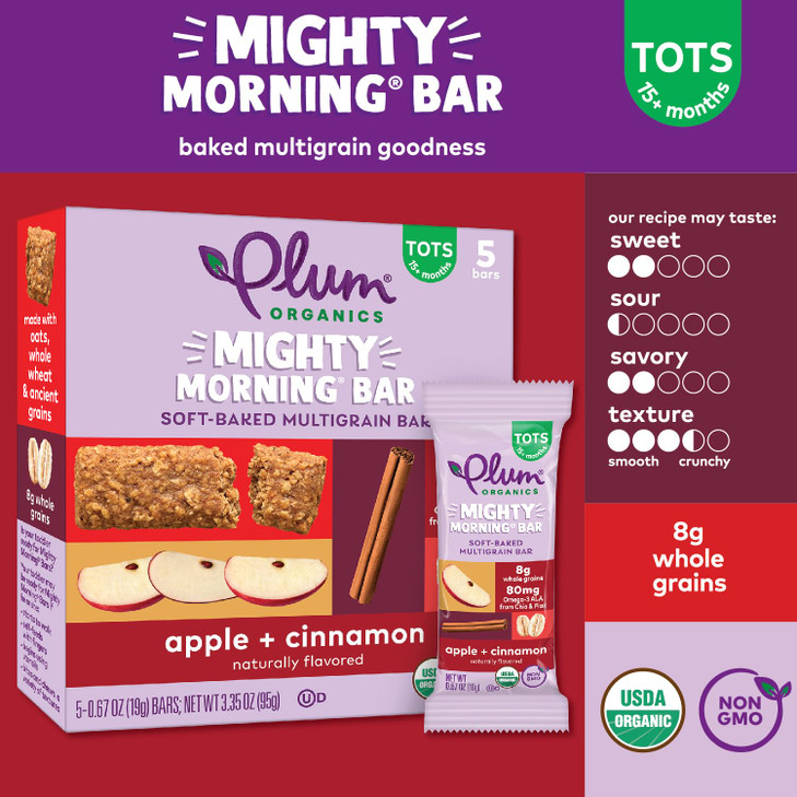 Plum Organics Mighty Morning Bars - Apple and Cinnamon - 0.67 oz Bars (Pack of 40) - Organic Toddler Food Multigrain Snack Bars