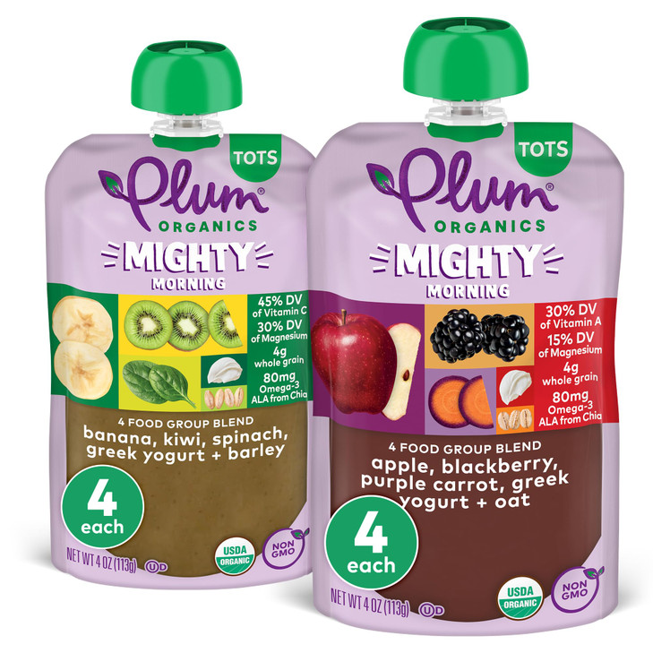 Plum Organics Variety Pack, 12+ Months - Mighty Morning Wake Up Blend - Organic Fruit and Veggie Toddler Food Pouches - 4 oz Pouch (Pack of 8)