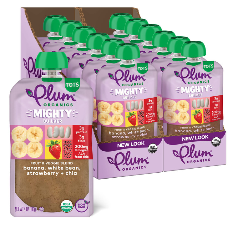 Plum Organics Mighty Builder Organic Toddler Food - Banana, White Bean, Strawberry, and Chia - 4 oz Pouch (Pack of 12) - Organic Fruit and Vegetable