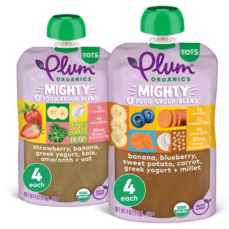 Plum Organics Variety Pack, 12+ Months - Mighty 4 Food Group Blend - Organic Fruit and Veggie Toddler Food Pouches - 4 oz Pouch (Pack of 8)