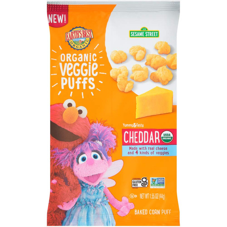 Earth's Best Organic Veggie Puffs for Toddlers 2 Years Old and Up, Cheddar Flavor, 1.55 Ounce Bag