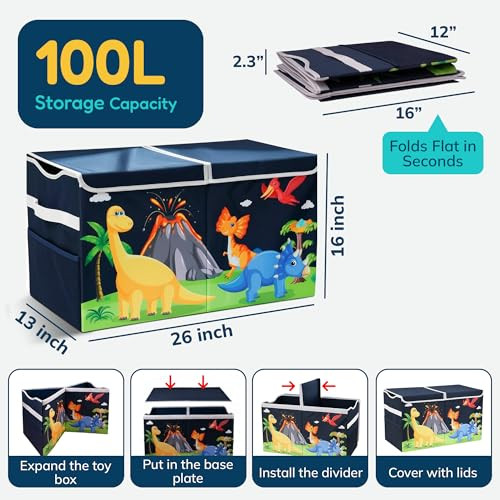 Extra Large Toy Box Chest, Collapsible Storage Organizer with Lids, Sturdy Dinosaur Toybox for Boys Girls, 26"x13"x16" Kids Storage Bin Box Baskets f