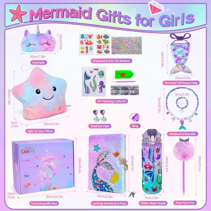 Cherry Tale Mermaid Toys Gifts for Girls 4-6 7 8 9 10 Years Old, Girls Birthday Gifts Set with Light Up Star Pillow Diary Plush DIY Water Bottle Kits