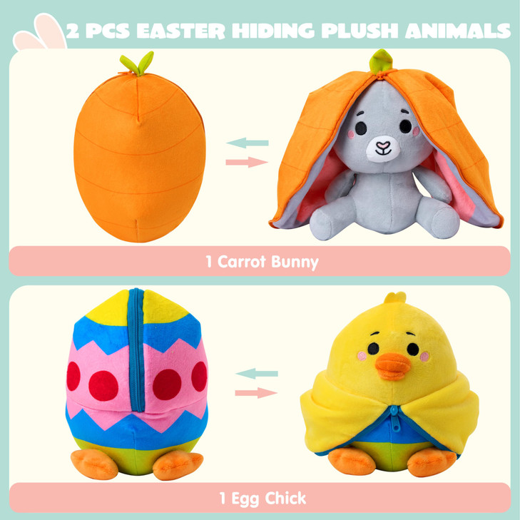 JOYIN 2 PCS Easter Stuffed Animal Plush Hiding Bunny Chick, Floppy Rabbit Ear Chick Wing Plushie with Zipper, Hide Carrot Egg Pillow, Reversible East