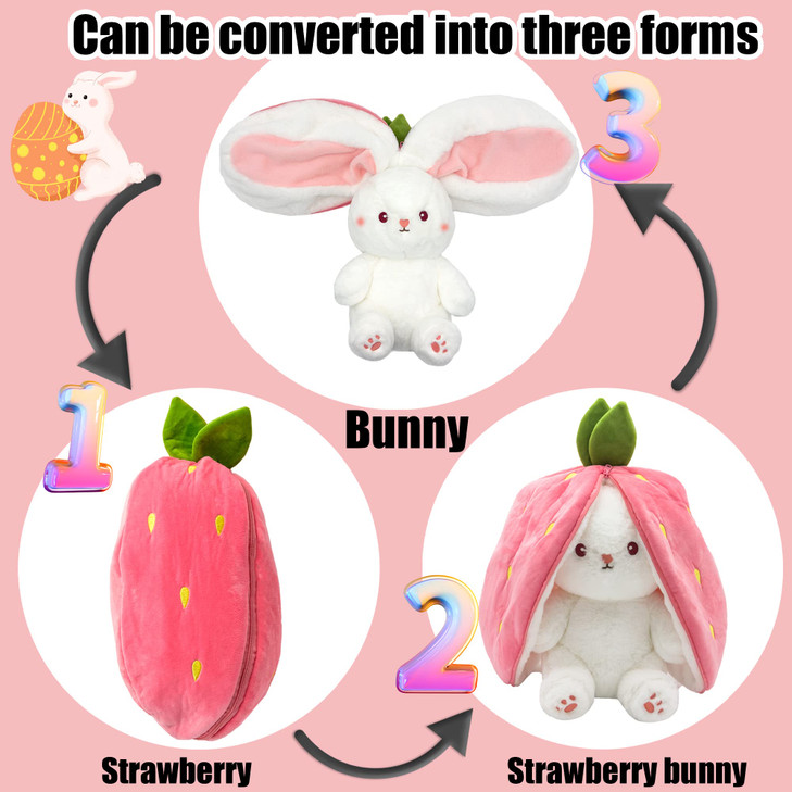 YOUBLEK Bunny Stuffed Animal,Strawberry Reversible Cuddle Bunny Plush Doll with Zipper Cute Soft Rabbit Toys Pillow for Kids and Adults Easter Bunnie