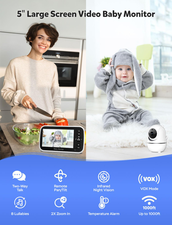 GoodBaby Baby Monitor with Camera and Audio - No WiFi, Remote Pan-Tilt-Zoom, Night Vision, Temperature Sensor, 2-Way Talk, 8 Lullabies, 30-Hour Batte