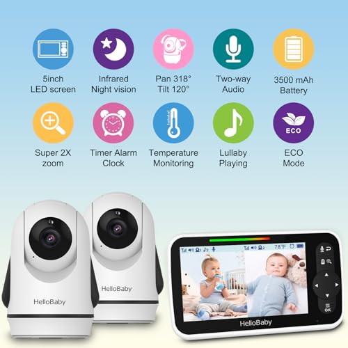 HelloBaby Video Baby Monitor with 2 Cameras and 5 Inch Split Screen Display, Remote Control Cameras with Night Vision and Temprature Monitoring