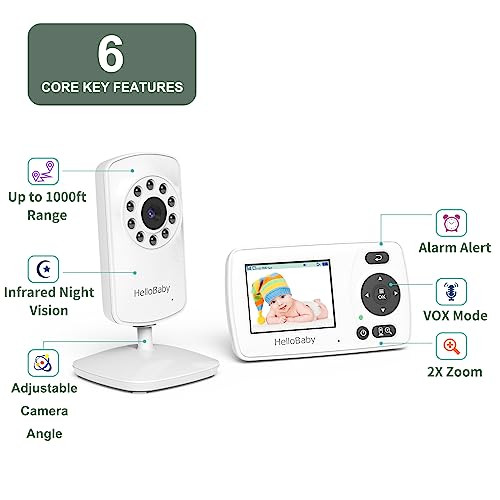 HelloBaby HB30 Video Baby Monitor with Digital Camera and Audio, No WiFi No App Safety Baby Monitor, 8 Languages, Auto Night Vision, 1000ft Transmiss