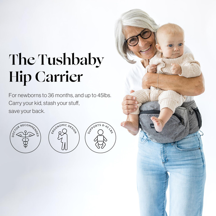 Tushbaby Original Hip Seat Baby Carrier for Babies & Toddlers up to 45 lbs, Safety Certified, Lightweight No-Foam Design with Storage & Nursing Suppo