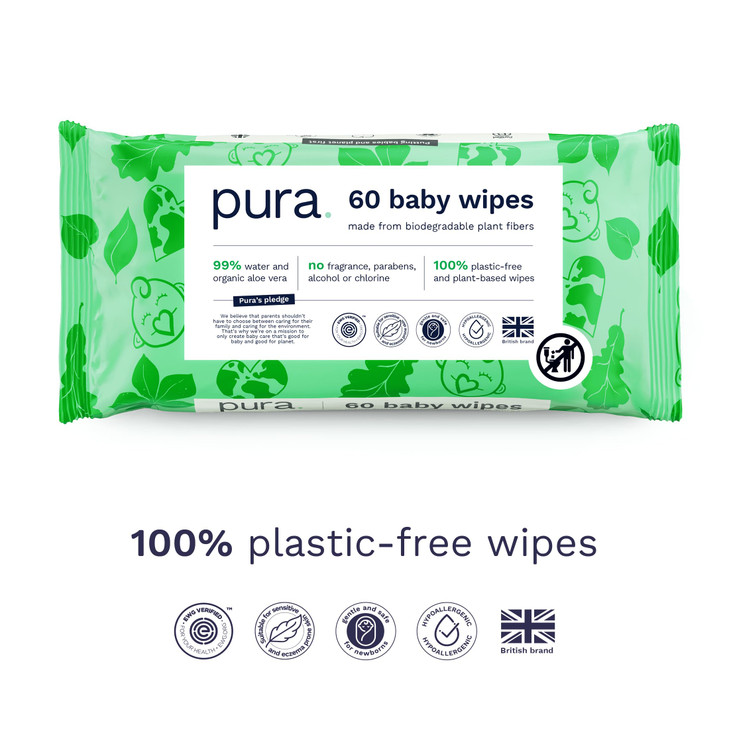 Pura Natural Sensitive Baby Wipes, 99% Water, Unscented & Hypoallergenic, Suitable for Sensitive & Eczema-prone Skin, Fragrance Free & Hypoallergenic