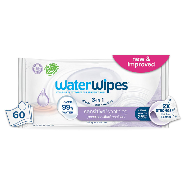 WaterWipes Sensitive+ Soothing Wipes, 3-In-1 Cleans, Cares, Soothes, 99% Water with Botanical Extract, Unscented & Hypoallergenic Baby Wipes, 60 Coun