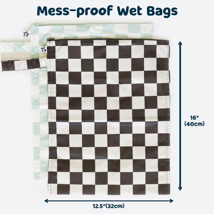Tiny Twinkle Mess Proof Wet Bags | 2-Pack Reusable Waterproof Wet Bags for Swimsuits | Baby Clothes | Travel & Diaper Bag (Black, Green Checkers)