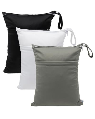 babygoal Wet Dry Bags 3 Pack, Waterproof Reusable Travel Bags for Swimsuits, Baby Cloth Diapers, Beach, Pool, Gym Bag & Wet Clothes with 2 Pockets L-